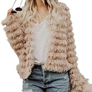 Long Sleeve Open Front Parka Shaggy Faux Fur Coat Jacket